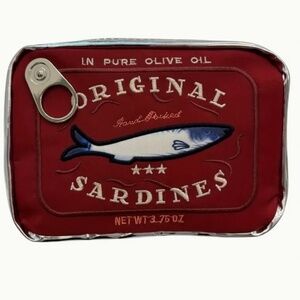 Campy and cute Sardine Can clutch burgundy with silver shiny vinyl